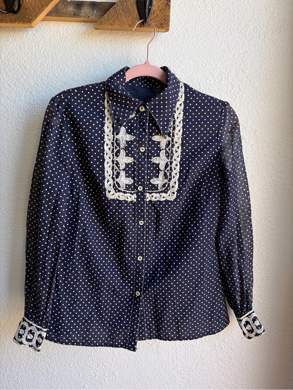 70s Union Made Navy Embroidered Polka Dot 2 Piece Prairie Suit Set - Picture 2 of 6